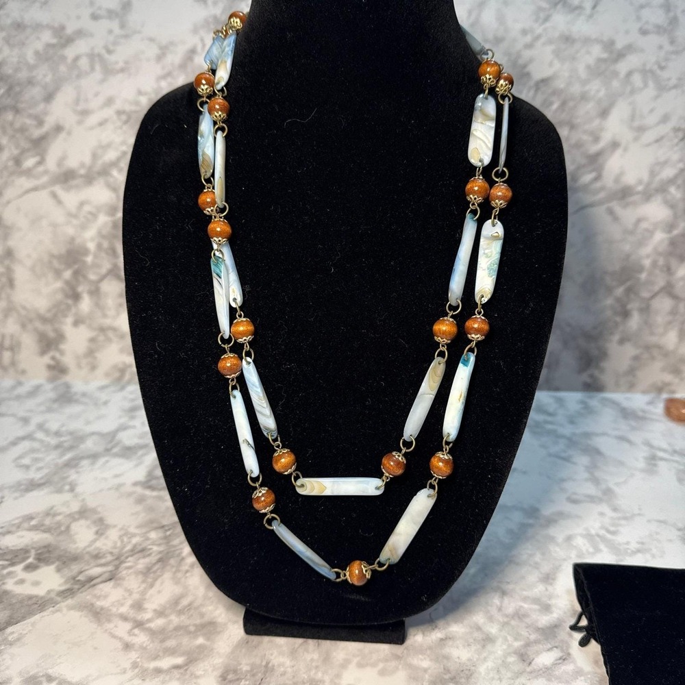 Vintage Pearlescent Cream Green‎ Shell Necklace Brown Wood Spacers Gold Caps 44"